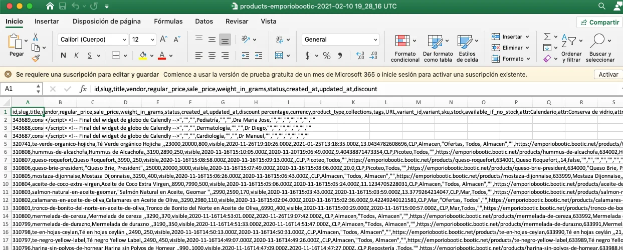 Example of a CSV spreadsheet without delimiters