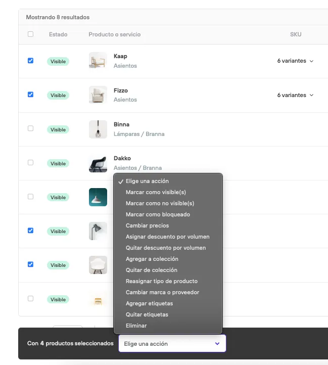 Acciones masivas para un listado de productos
