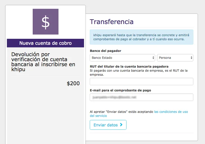 Transferencia manual para verificar cuenta bancaria