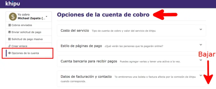 Opciones de la cuenta, bajar al final de la página