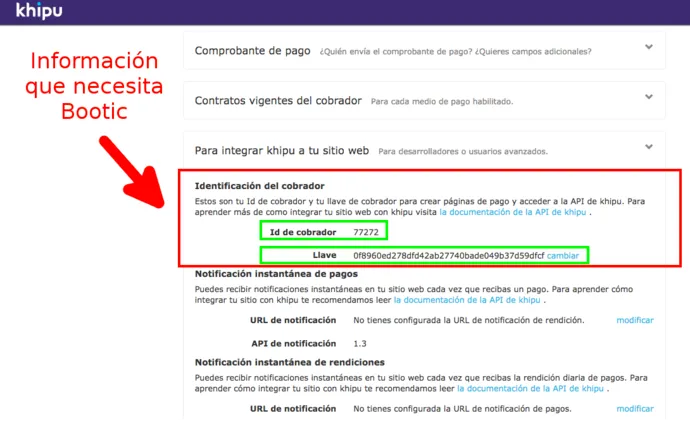 Información que necesita Bolder. Id de cobrador y Llave