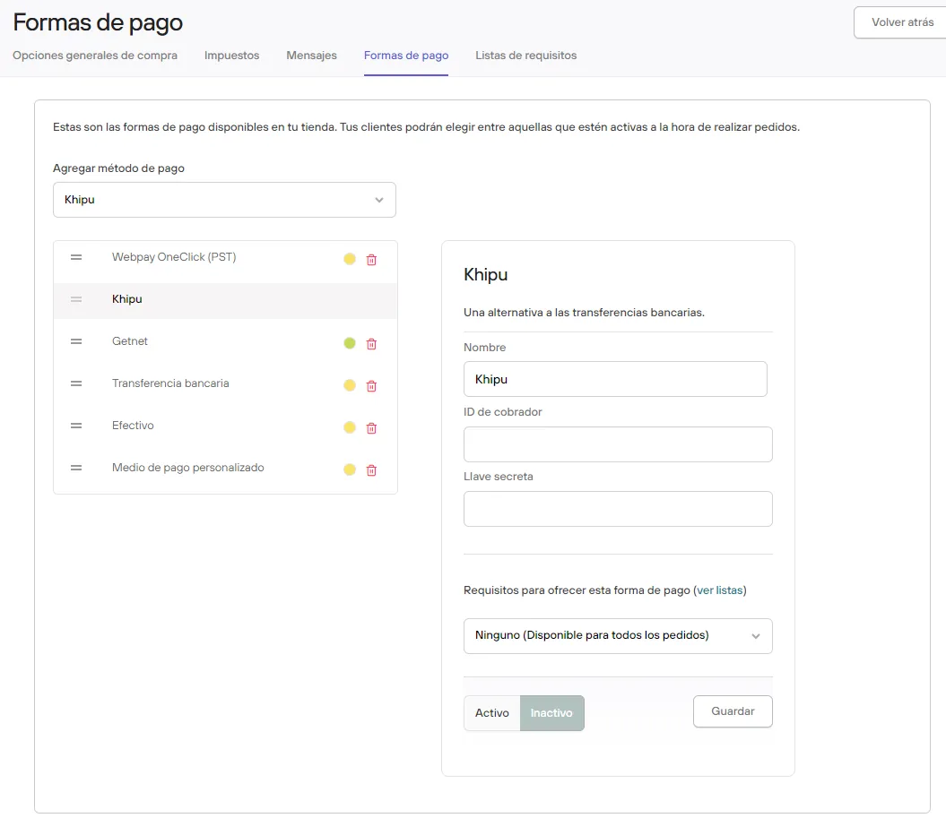 Formas de pago - Panel de administrador Bolder