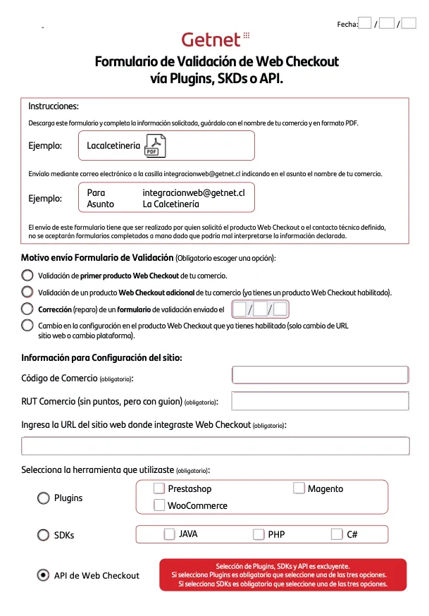 Page 1 of the Getnet validation form