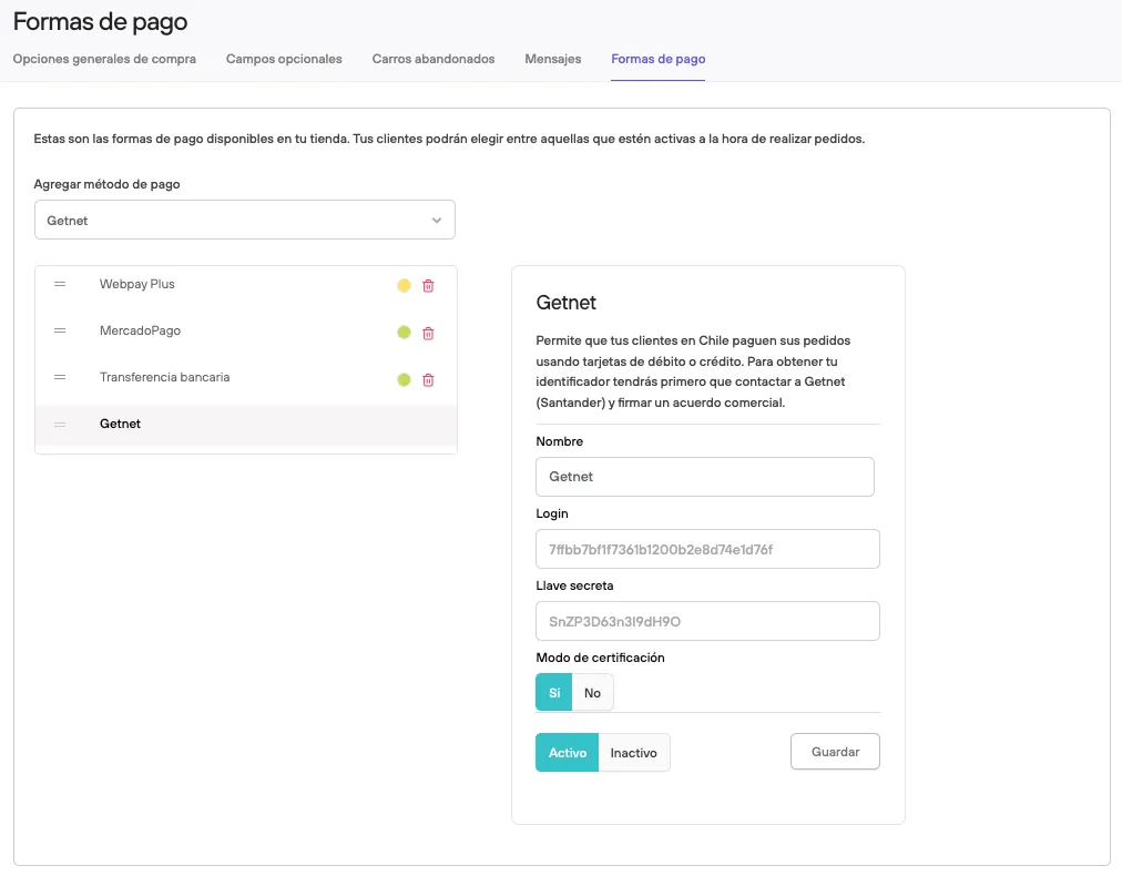 Test credentials setup for Getnet activation