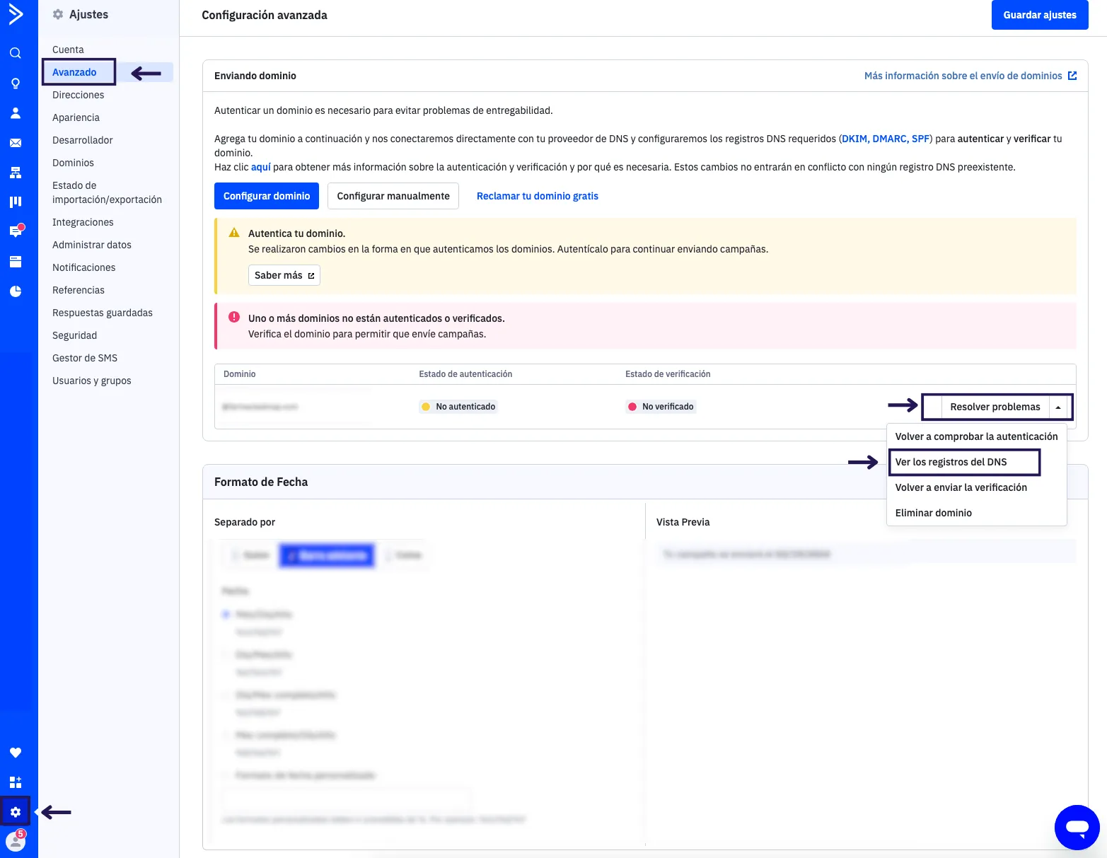 Active Campaign > Settings > Advanced > Troubleshoot > View DNS records