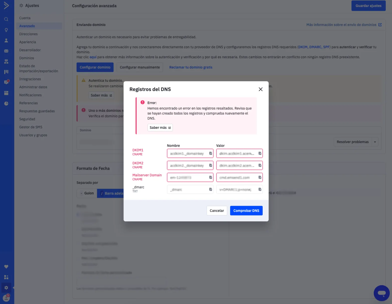 DNS records shown by Active Campaign