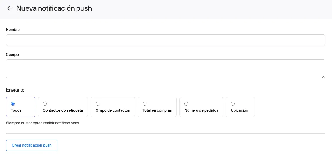Form to create a new push notification