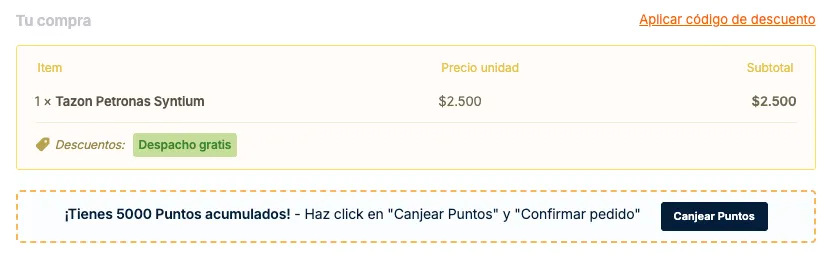 Canje de puntos en checkout