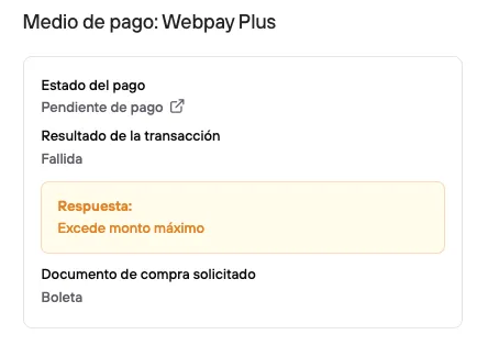 Example of a transaction error “Exceeds maximum amount”