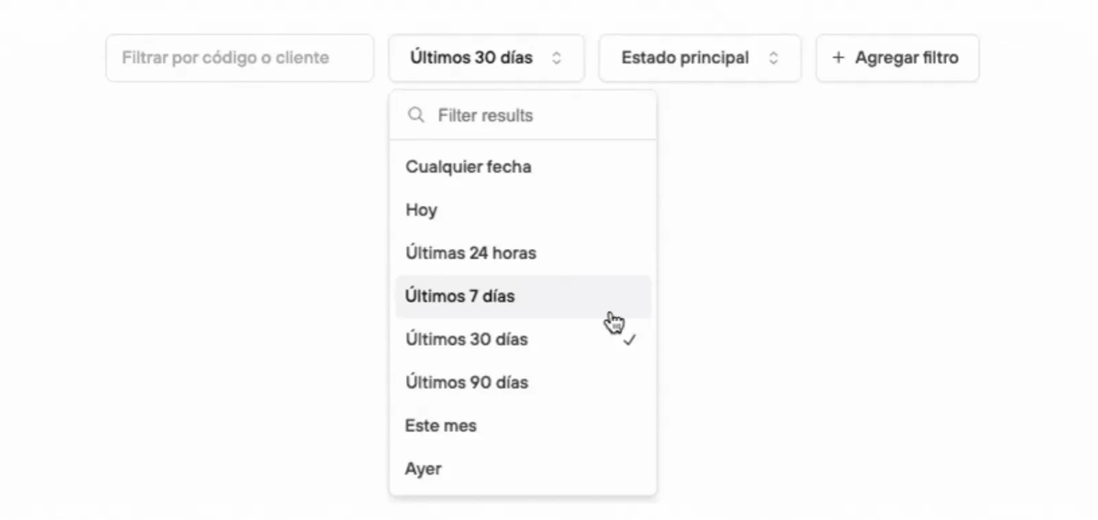 Options available in Filter: Placed on