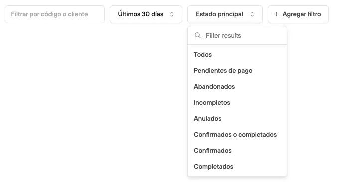 Filter options: Main status
