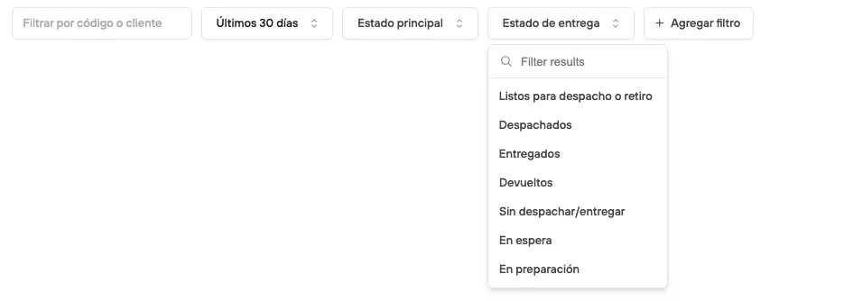 Filter options: Delivery status