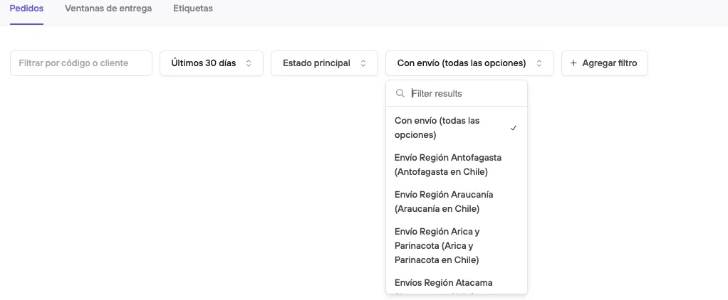 Example of applying the filter: Delivery options, with shipping