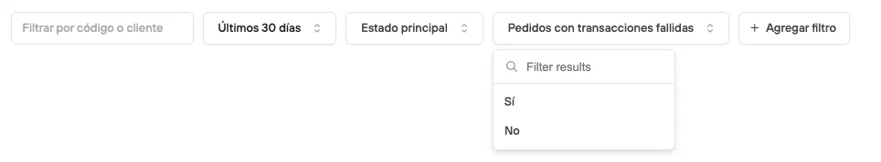 Filter options: Orders with failed transactions
