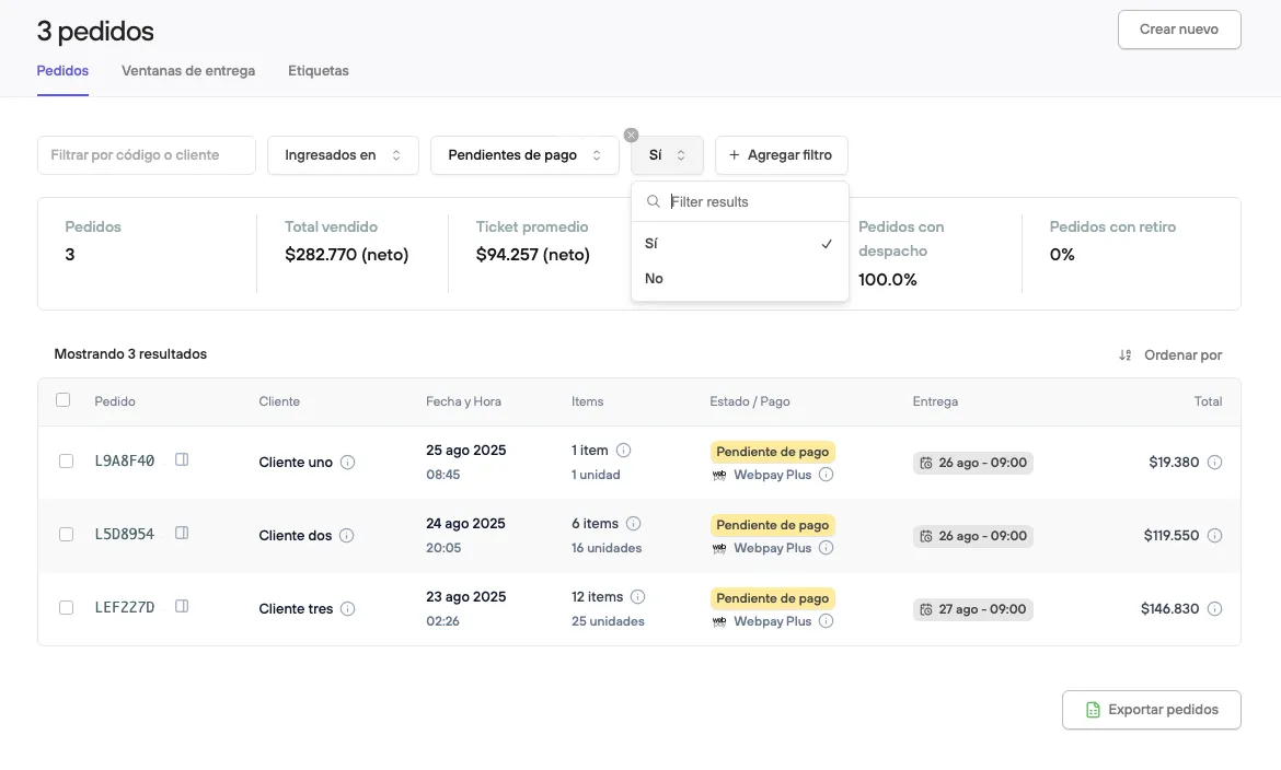 Example of orders pending payment with a transaction error