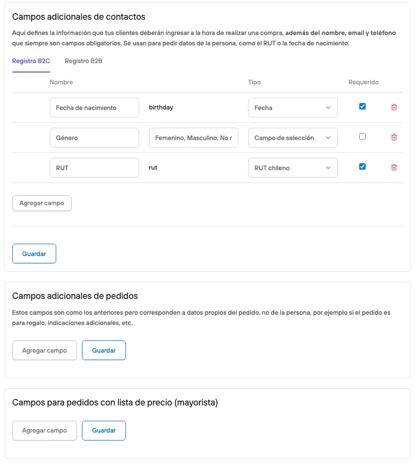 Configuración de campos opcionales