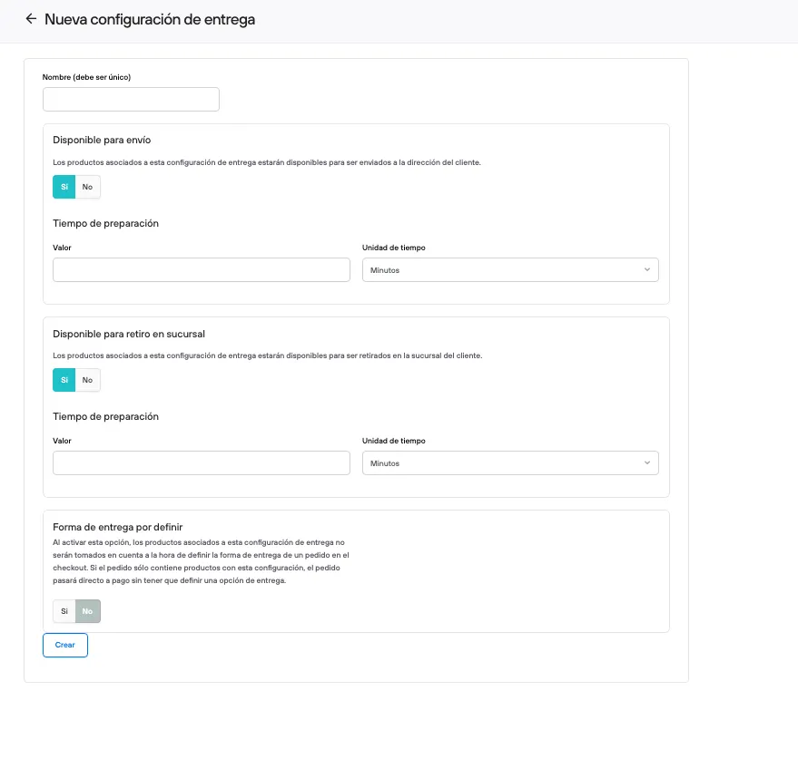 Configuraciones de entrega