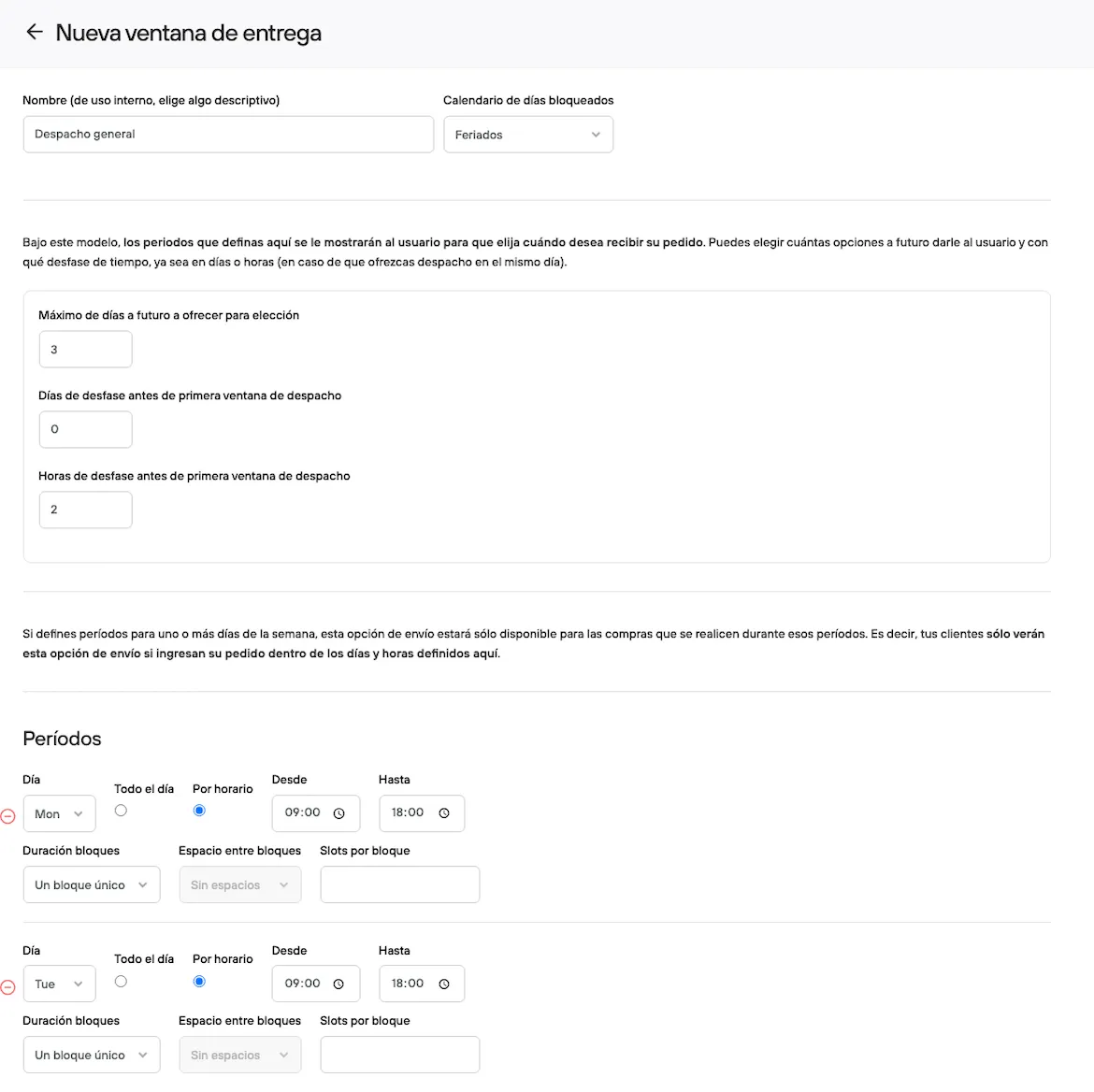 Configuración de ventana de entrega